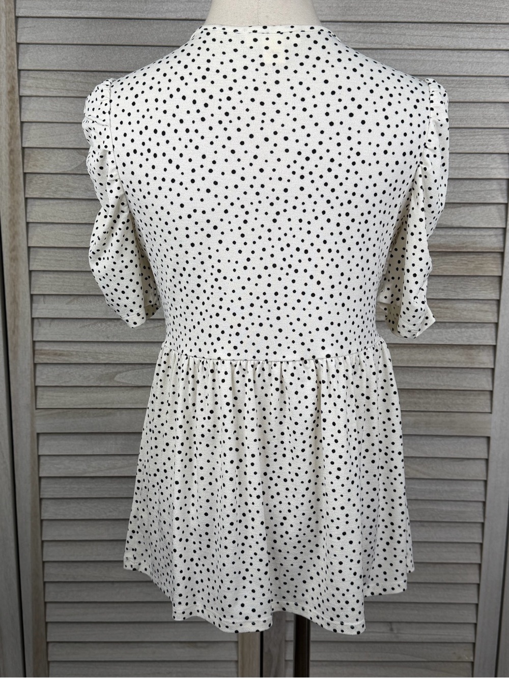 MONTEAU Romantic Coquette Puffy Ruched Sleeve Blouse White w Black Dots-M - Picture 2 of 2